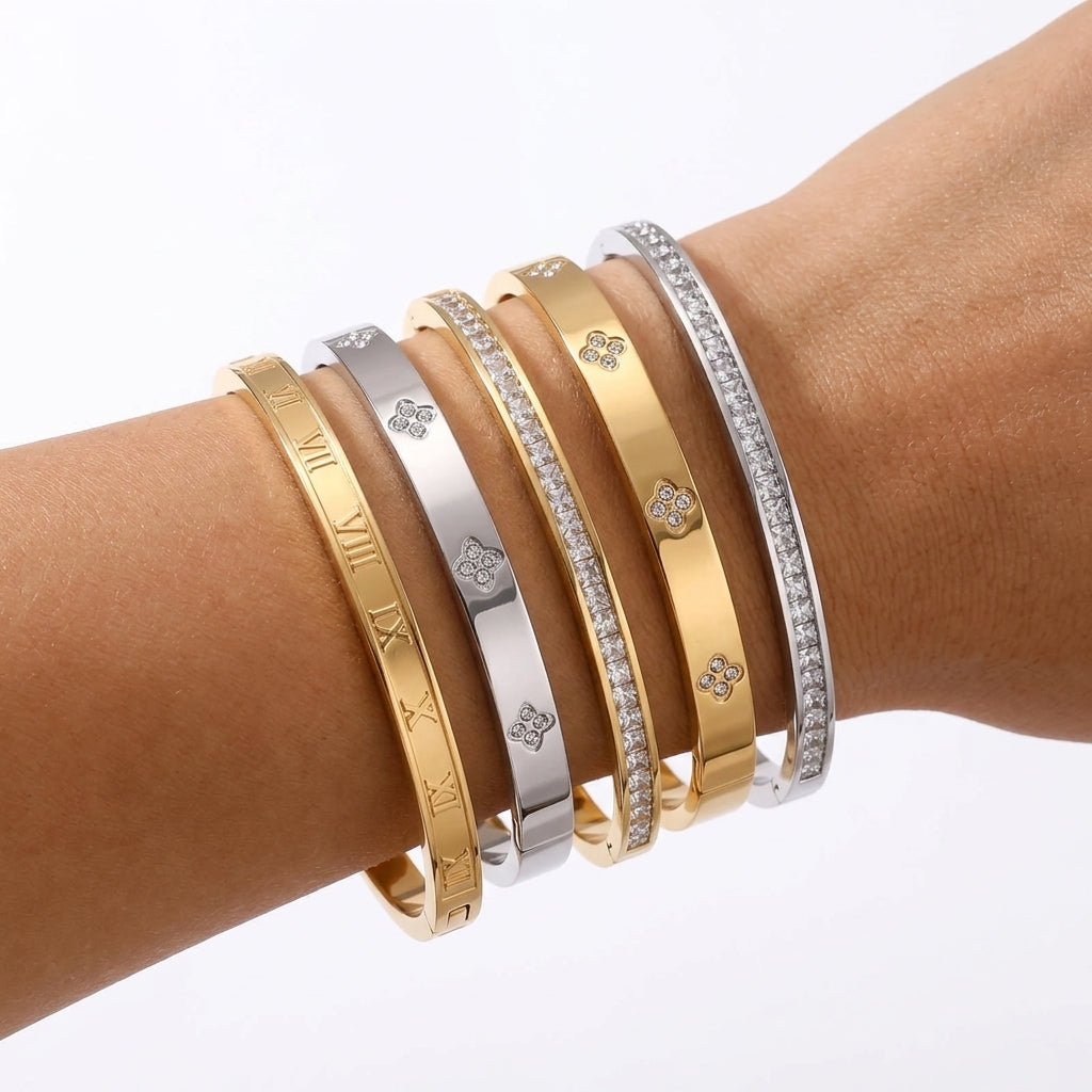 Stackable Zirconia Bracelet Set | Stainless Steel | 5 Piece | Gold Silver Pink Black