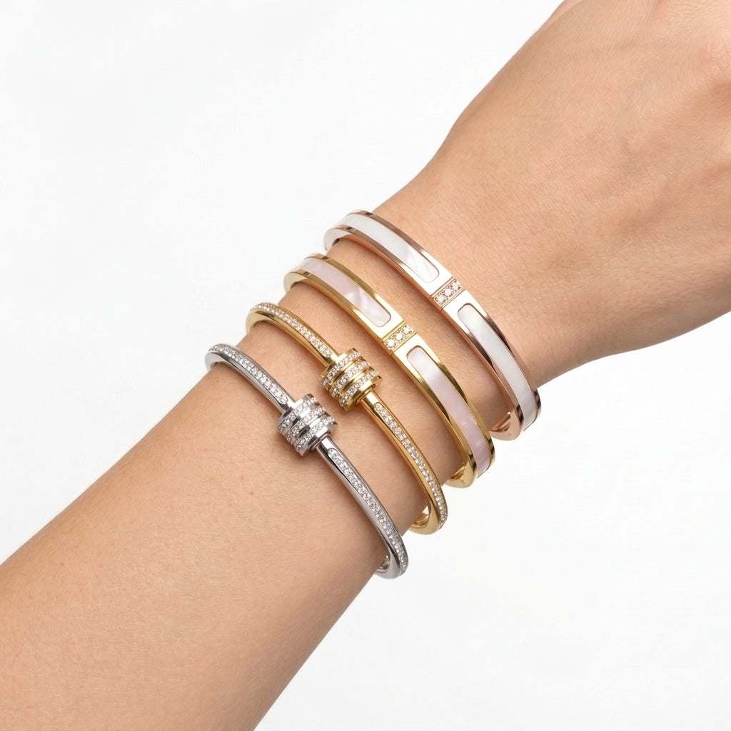 Stackable Zirconia Bracelet Set | Stainless Steel | 5 Piece | Gold Silver Pink Black
