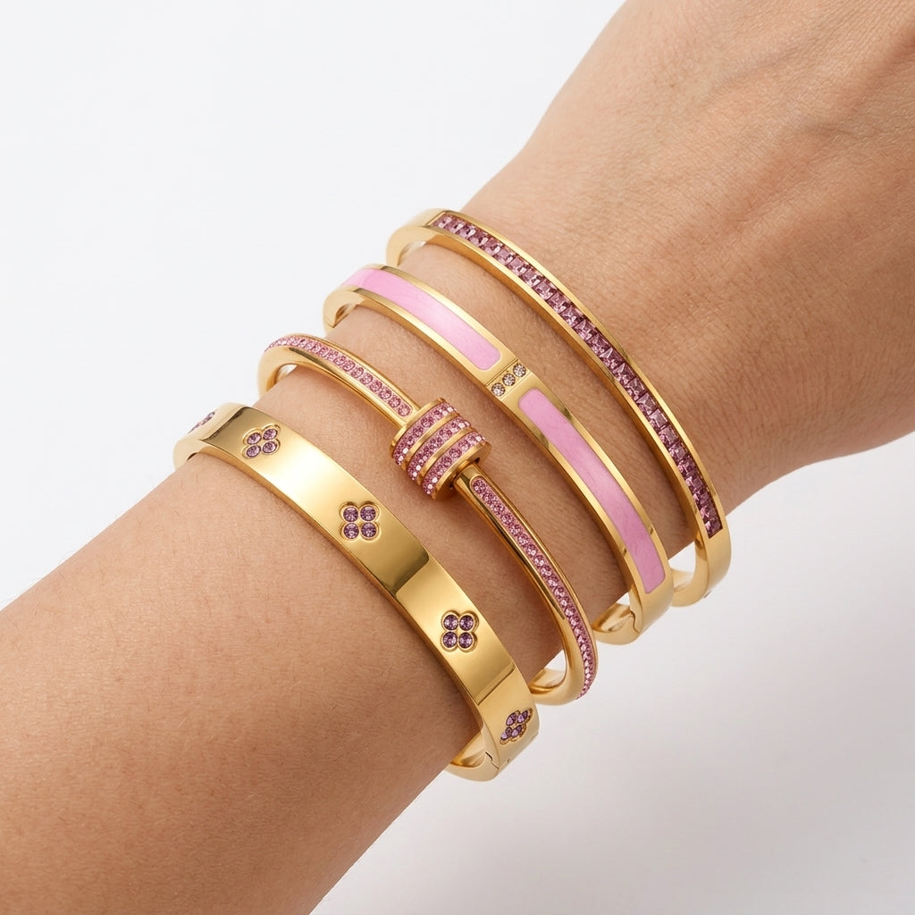 Stackable Zirconia Bracelet Set | Stainless Steel | 5 Piece | Gold Silver Pink Black