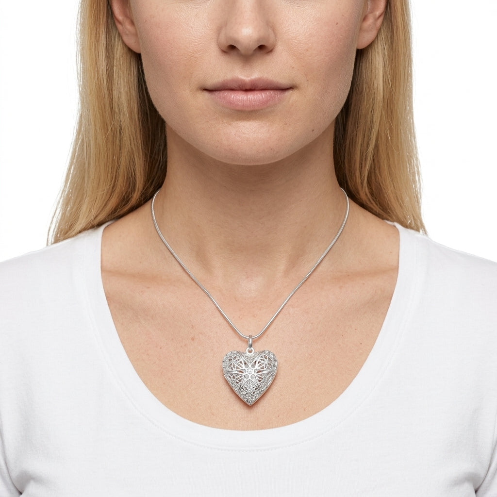 Heart Locket Necklace | Silver-Plated Stainless Steel | Photo Frame Pendant | Snake Chain | Women's Gift