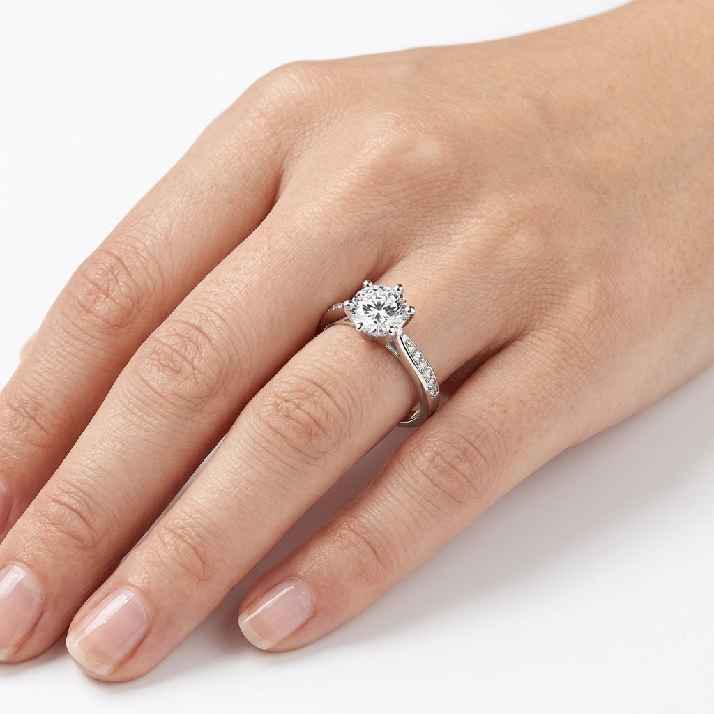 Solitaire Ring | Silver-Plated Stainless Steel | 7.0ct Zircon | Six-Prong Setting | Women's