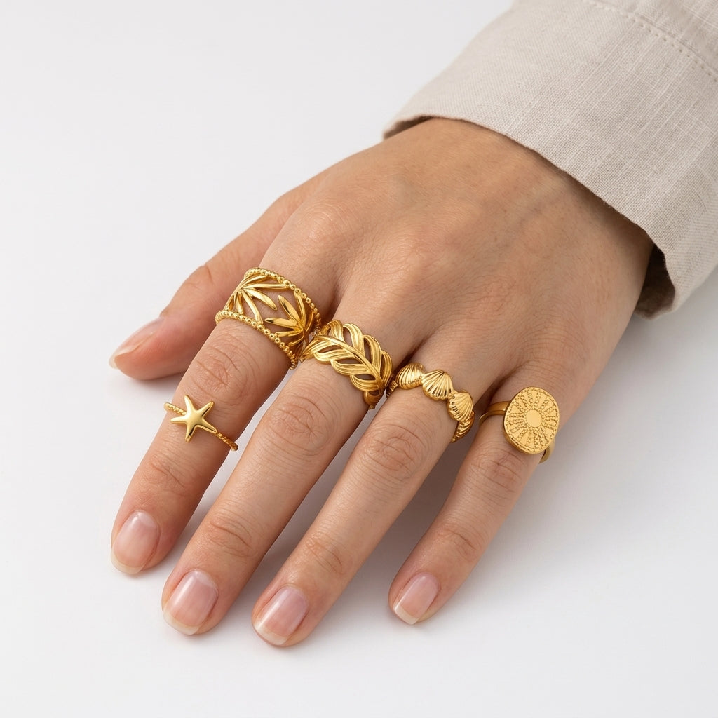 316L Stainless Steel Shell Star Ring | 18K Gold Plated | Adjustable | Women's Jewellery