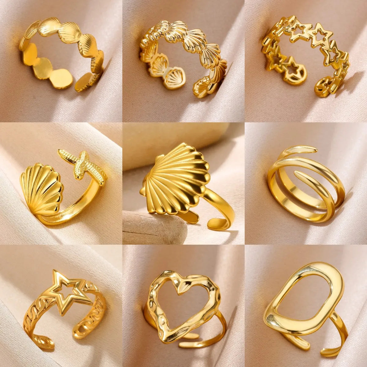 316L Stainless Steel Shell Star Ring | 18K Gold Plated | Adjustable | Women's Jewelry