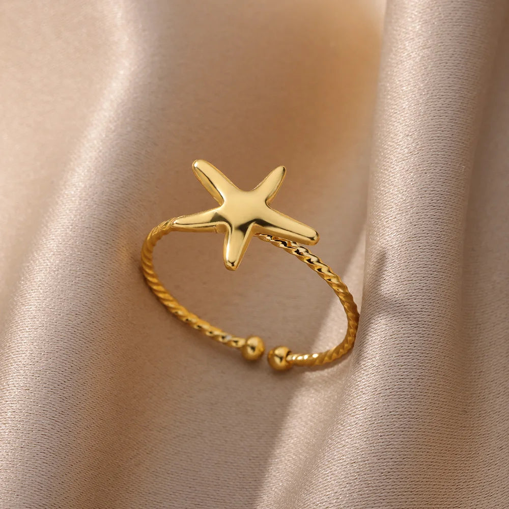 316L Stainless Steel Shell Star Ring | 18K Gold Plated | Adjustable | Women's Jewelry
