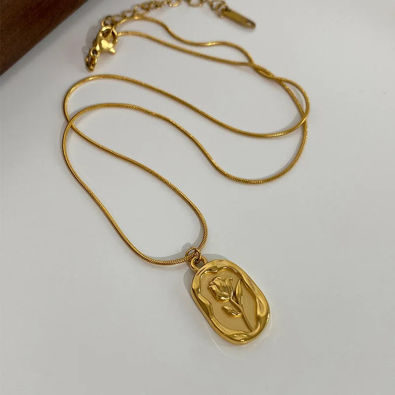Tulip Rose Pendant Necklace | Stainless Steel | Water-Resistant Charm Design