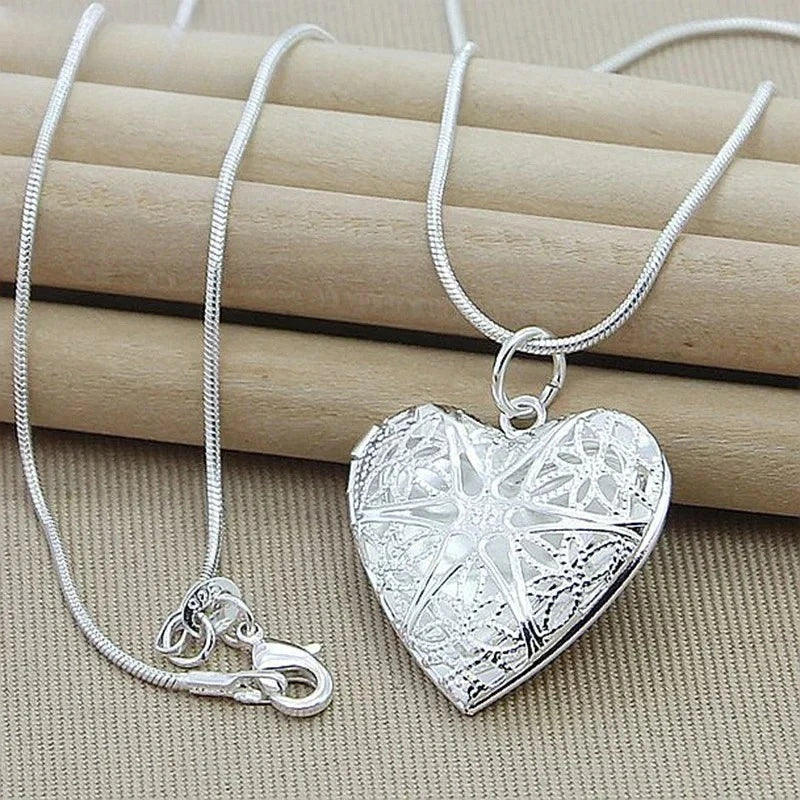 Silver Heart Locket Necklace with Photo Frame Pendant