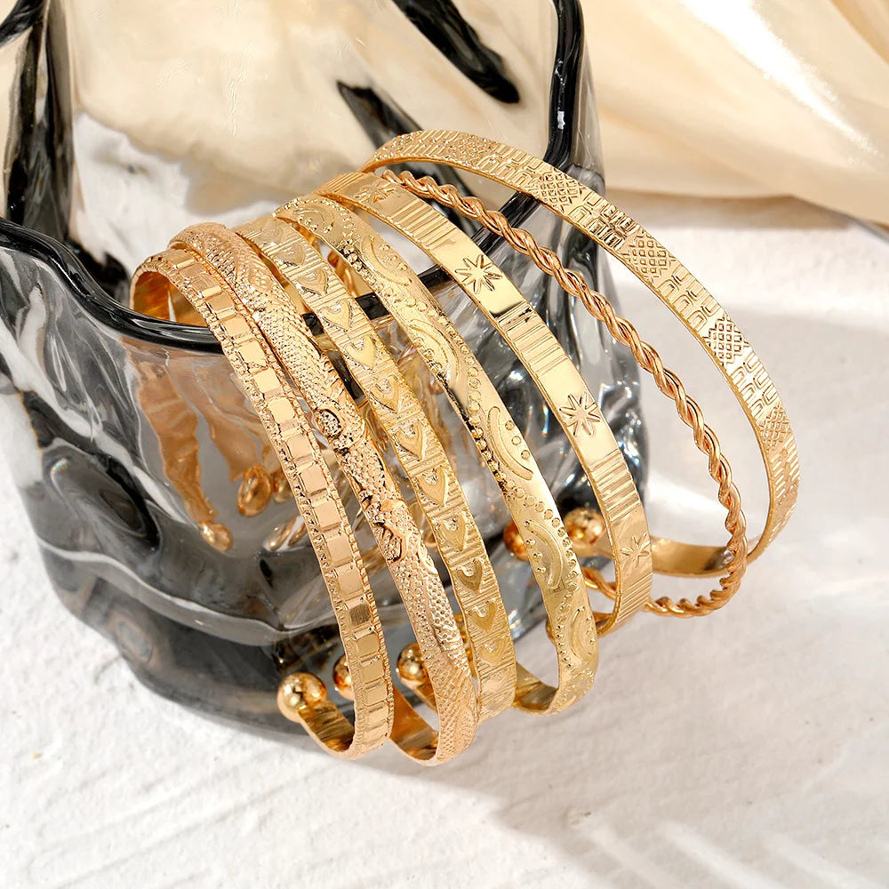 7-Piece Punk Gold Bangle Set | Goth Heart Print | Open Cuff Bracelets | Women's Streetwear Jewelry