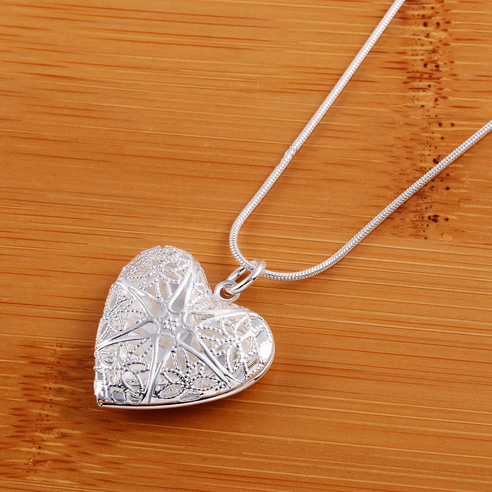 Silver Heart Locket Necklace with Photo Frame Pendant