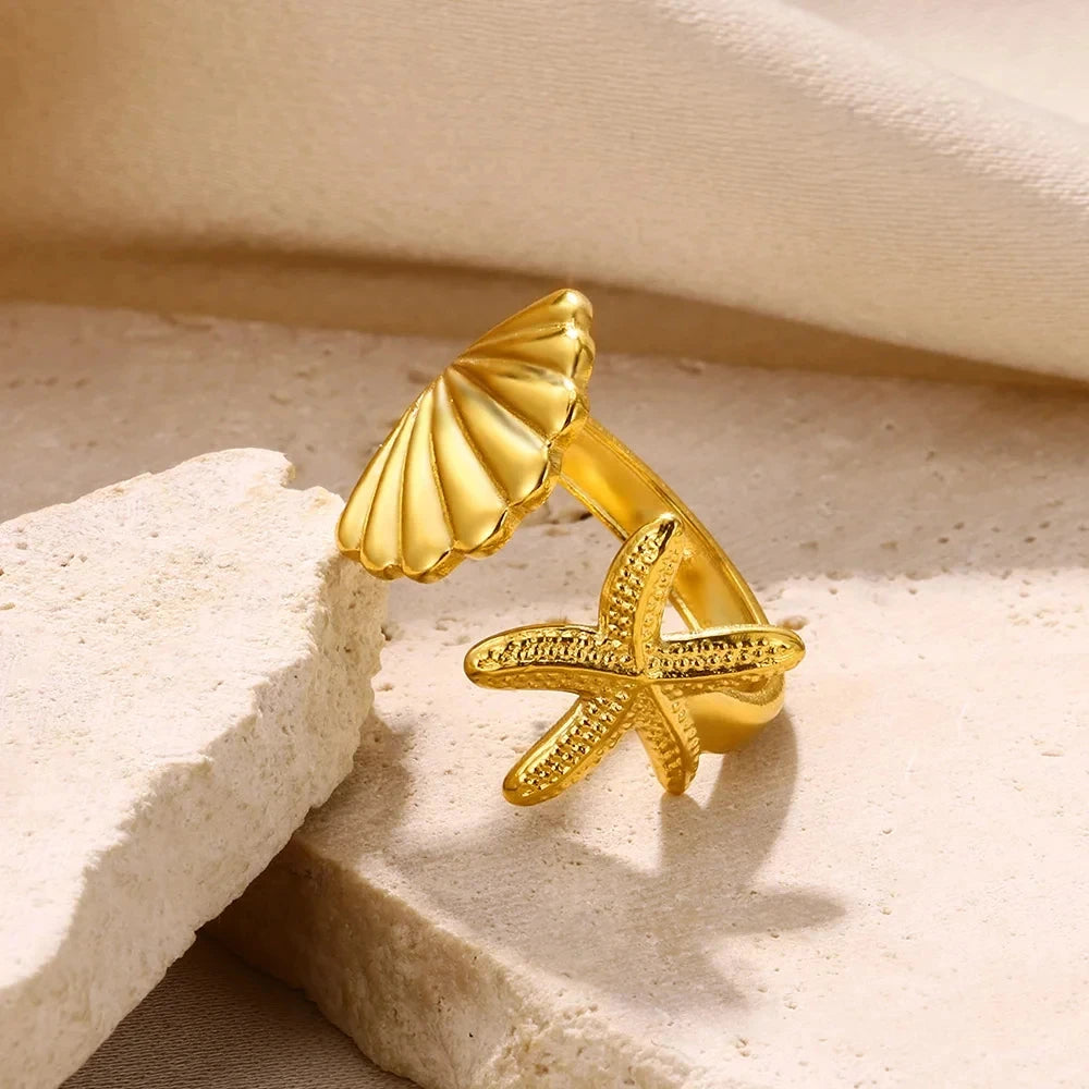 316L Stainless Steel Shell Star Ring | 18K Gold Plated | Adjustable | Women's Jewelry