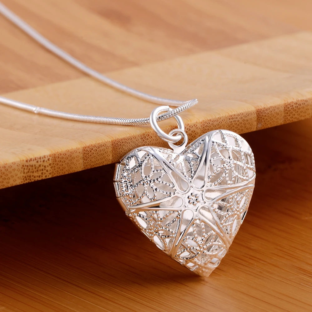 Silver Heart Locket Necklace with Photo Frame Pendant