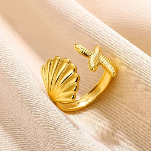 316L Stainless Steel Shell Star Ring | 18K Gold Plated | Adjustable | Women's Jewelry