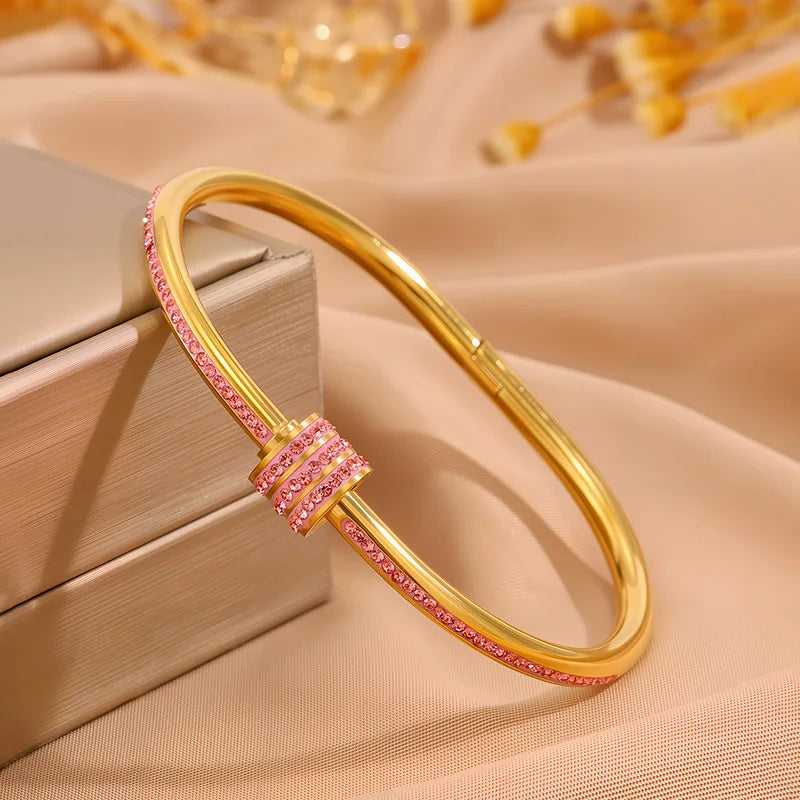 Stackable Zirconia Bracelet Set | Stainless Steel | 5 Piece | Gold Silver Pink Black