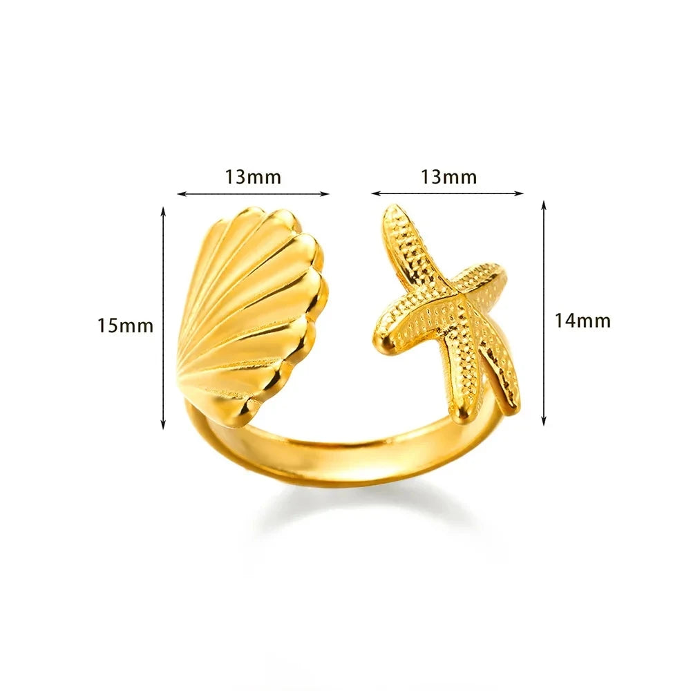 316L Stainless Steel Shell Star Ring | 18K Gold Plated | Adjustable | Women's Jewelry